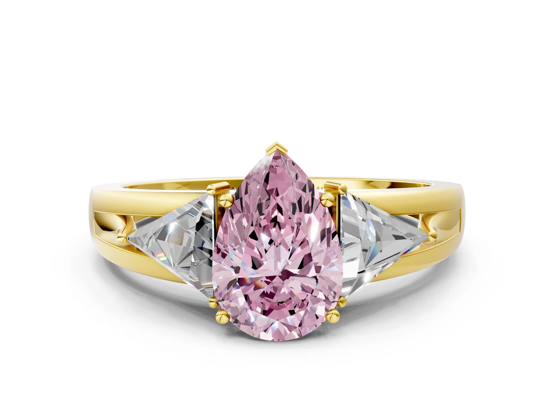 Yellow gold Three-Stone Fancy Pink Pear Cut Cut Diamond Ring with Trillion Side Stones on a Split Shank Band