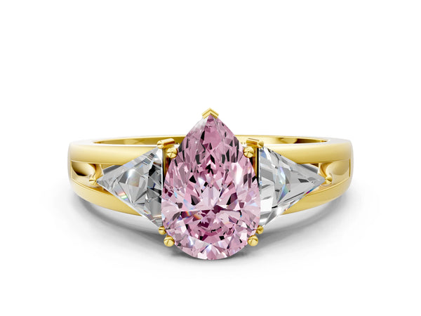 Yellow Gold Pear-Shaped Split Shank Three Stone Engagement Ring Setting for Fancy Pink Center
