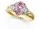 Yellow gold Three-Stone Fancy Pink Pear Cut Cut Diamond Ring with Trillion Side Stones on a Split Shank Band_1