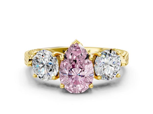 Yellow Gold Pear-Shaped Vintage Three Stone Engagement Ring Setting for Fancy Pink Center