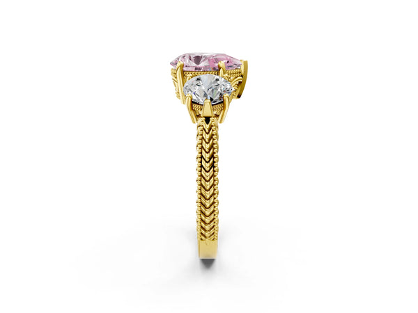 Yellow Gold Pear-Shaped Vintage Three Stone Engagement Ring Setting for Fancy Pink Center