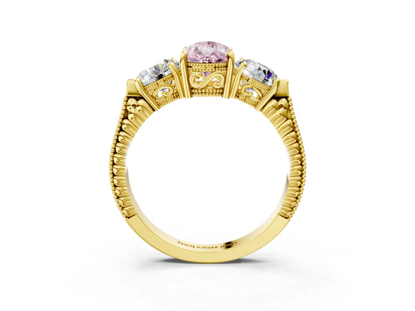 Yellow Gold Pear-Shaped Vintage Three Stone Engagement Ring Setting for Fancy Pink Center