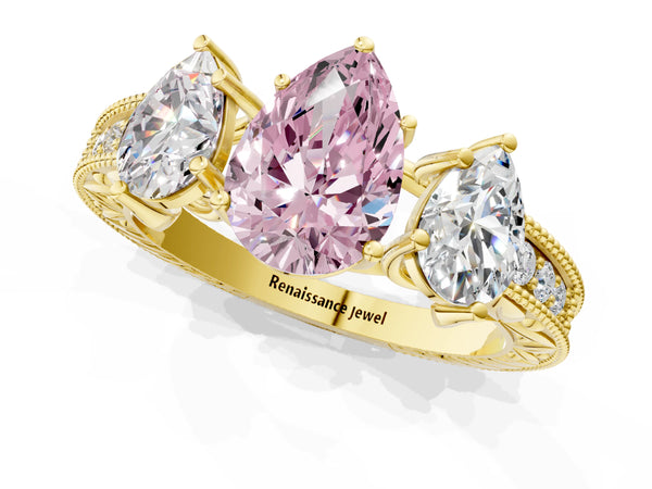 Yellow Gold Pear-Shaped Engraved Three Stone Engagement Ring Setting for Fancy Pink Center