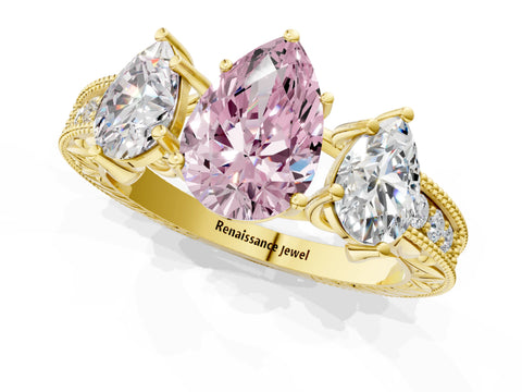 Yellow gold Three-Stone Fancy Pink Pear Cut Cut Milgrain Pavé Engagement Ring_13