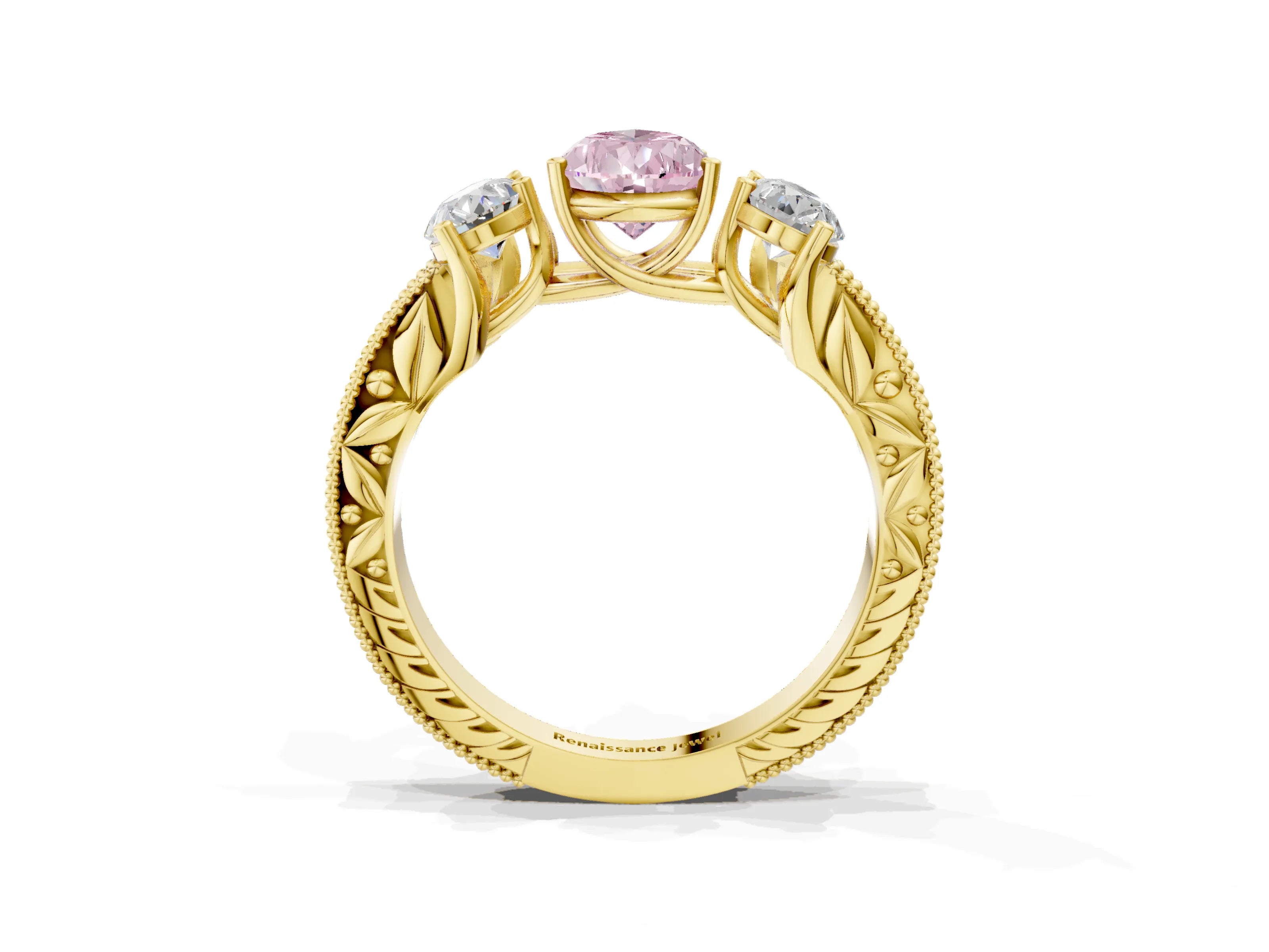 Yellow gold Three-Stone Fancy Pink Pear Cut Cut Milgrain Pavé Engagement Ring_15
