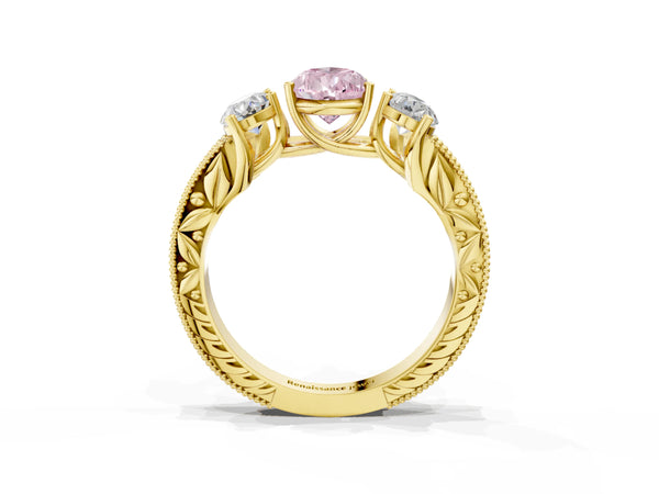 Yellow Gold Pear-Shaped Engraved Three Stone Engagement Ring Setting for Fancy Pink Center