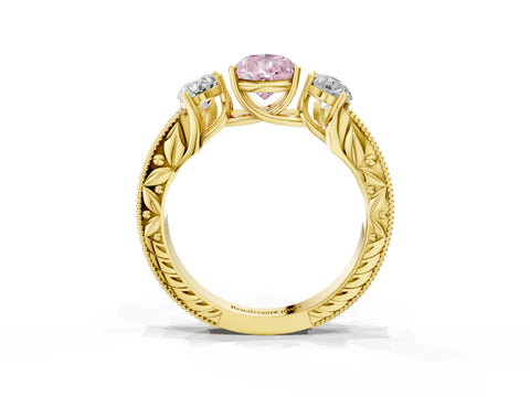 Yellow gold Three-Stone Fancy Pink Pear Cut Cut Milgrain Pavé Engagement Ring_15