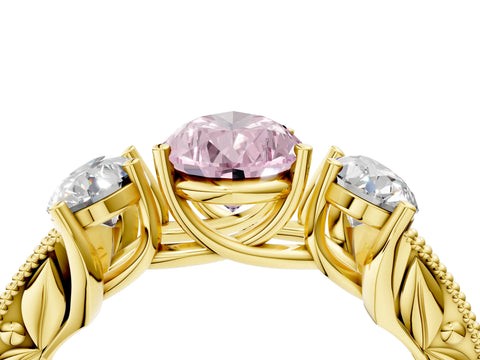 Yellow gold Three-Stone Fancy Pink Pear Cut Cut Milgrain Pavé Engagement Ring_16