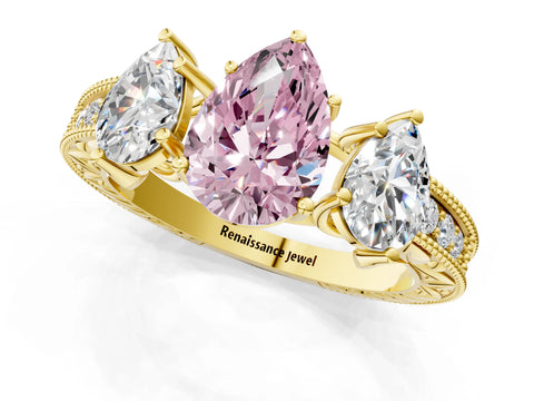 Yellow gold Three-Stone Fancy Pink Pear Cut Cut Milgrain Pavé Engagement Ring_1