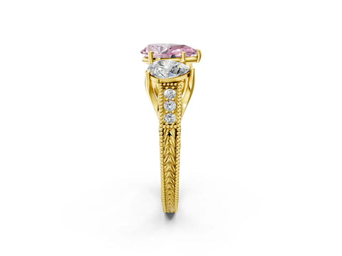 Yellow gold Three-Stone Fancy Pink Pear Cut Cut Milgrain Pavé Engagement Ring_2