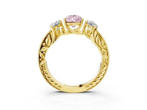 Yellow gold Three-Stone Fancy Pink Pear Cut Cut Milgrain Pavé Engagement Ring_3
