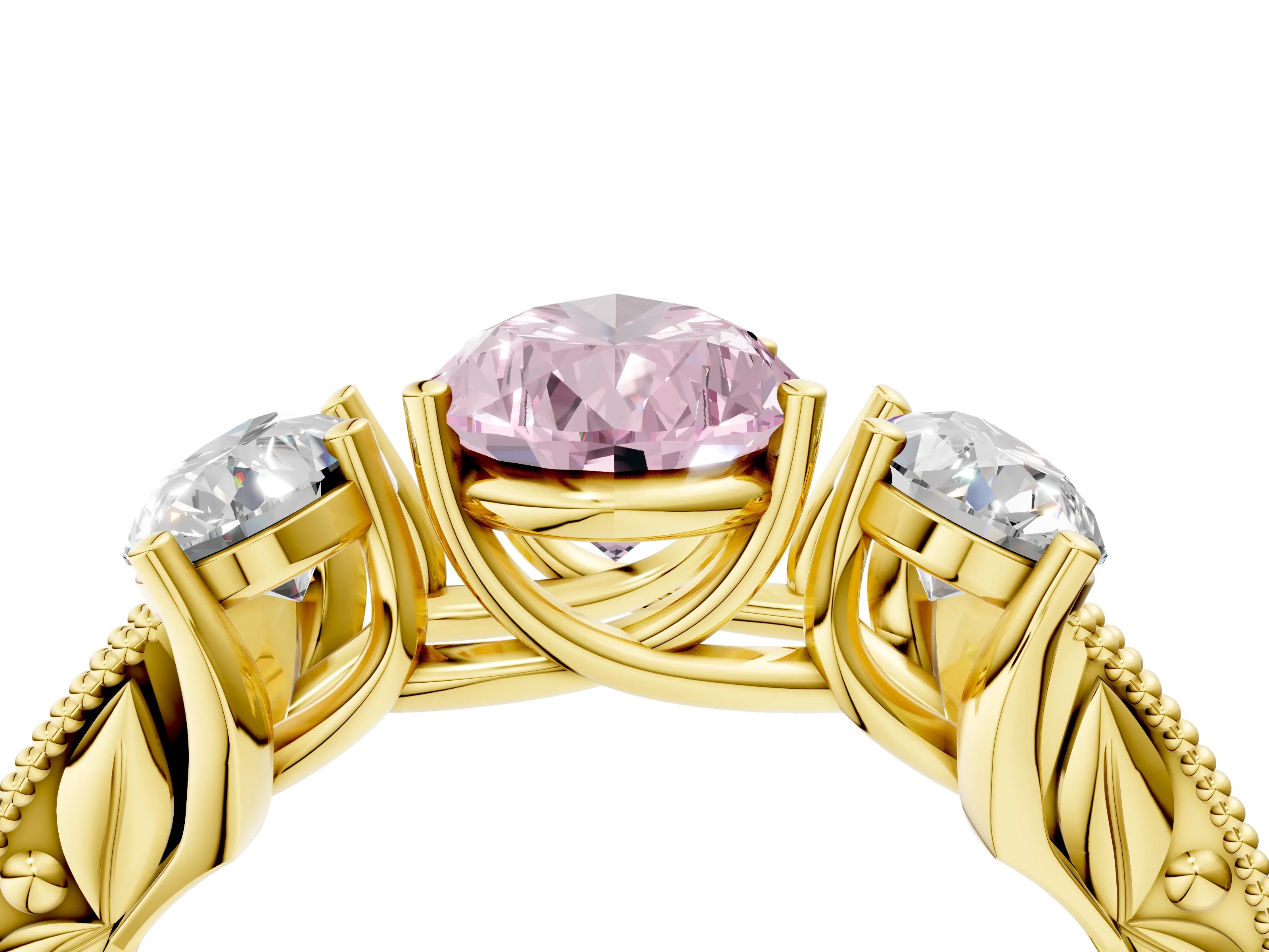 Yellow gold Three-Stone Fancy Pink Pear Cut Cut Milgrain Pavé Engagement Ring_4