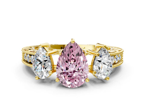Yellow gold Three-Stone Fancy Pink Pear Cut Cut Milgrain Pavé Engagement Ring