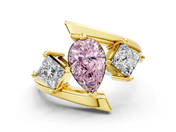 Yellow gold Three-Stone Fancy Pink Pear Cut Cut Tension Band Ring with Four-Prong Setting