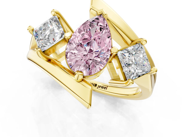 Yellow gold Three-Stone Fancy Pink Pear Cut Cut Tension Band Ring with Four-Prong Setting