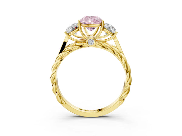 Yellow gold Three-Stone Fancy Pink Pear Cut Diamond Braided Band Ring with Four-Prong Setting