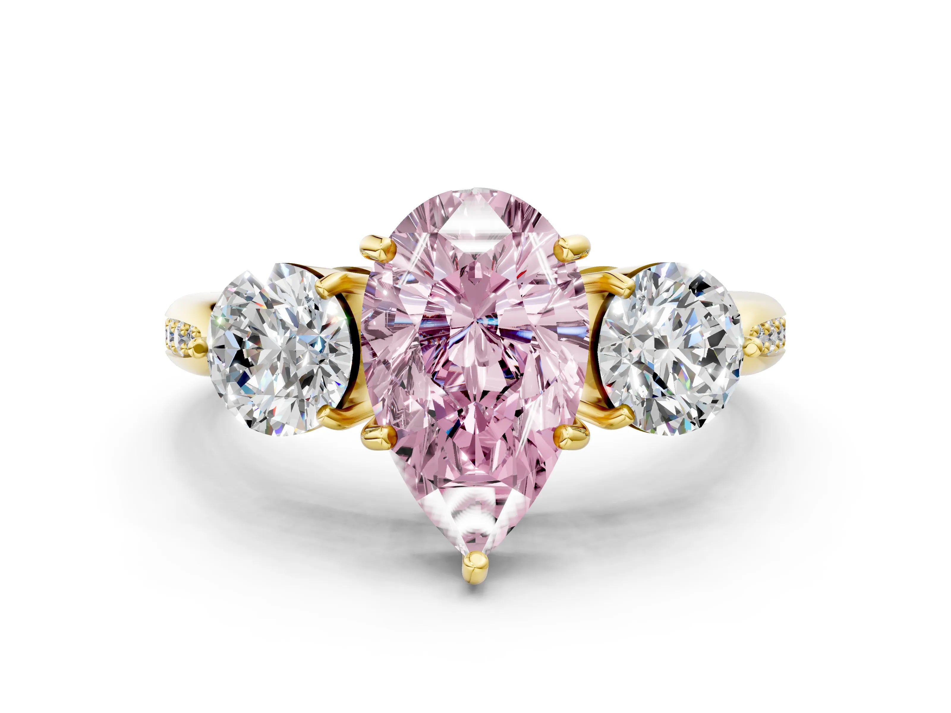 Yellow gold Three-Stone Fancy Pink Pear Cut Diamond Channel Set Engagement Ring with Prong Setting