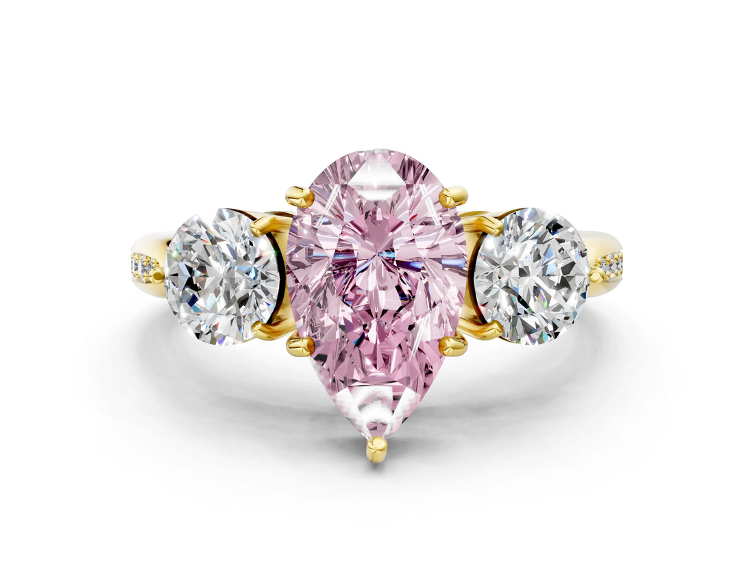 Yellow gold Three-Stone Fancy Pink Pear Cut Diamond Channel Set Engagement Ring with Prong Setting