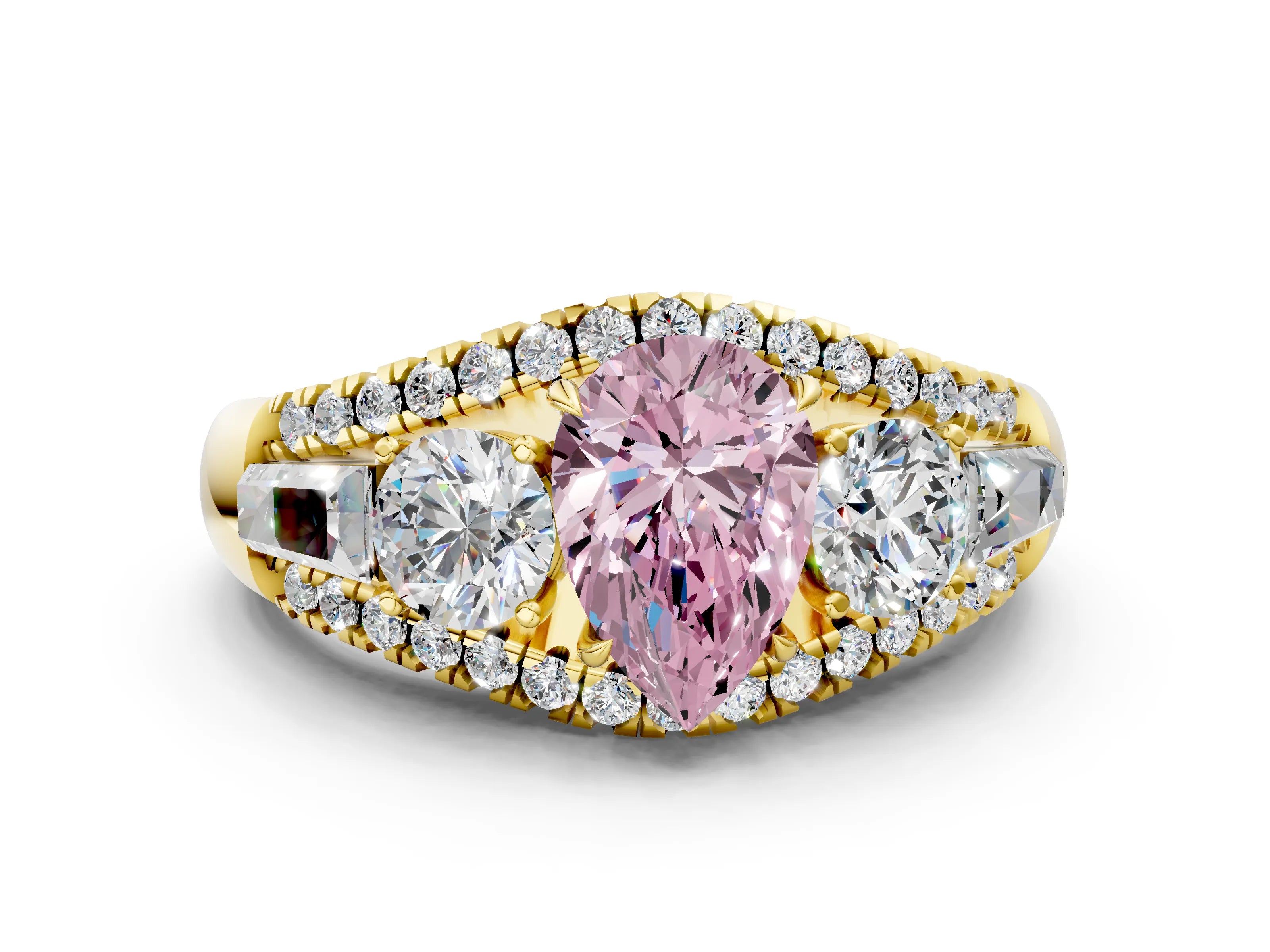Yellow gold Three-Stone Fancy Pink Pear Cut Diamond Engagement Ring with Pave Band and Prong Setting