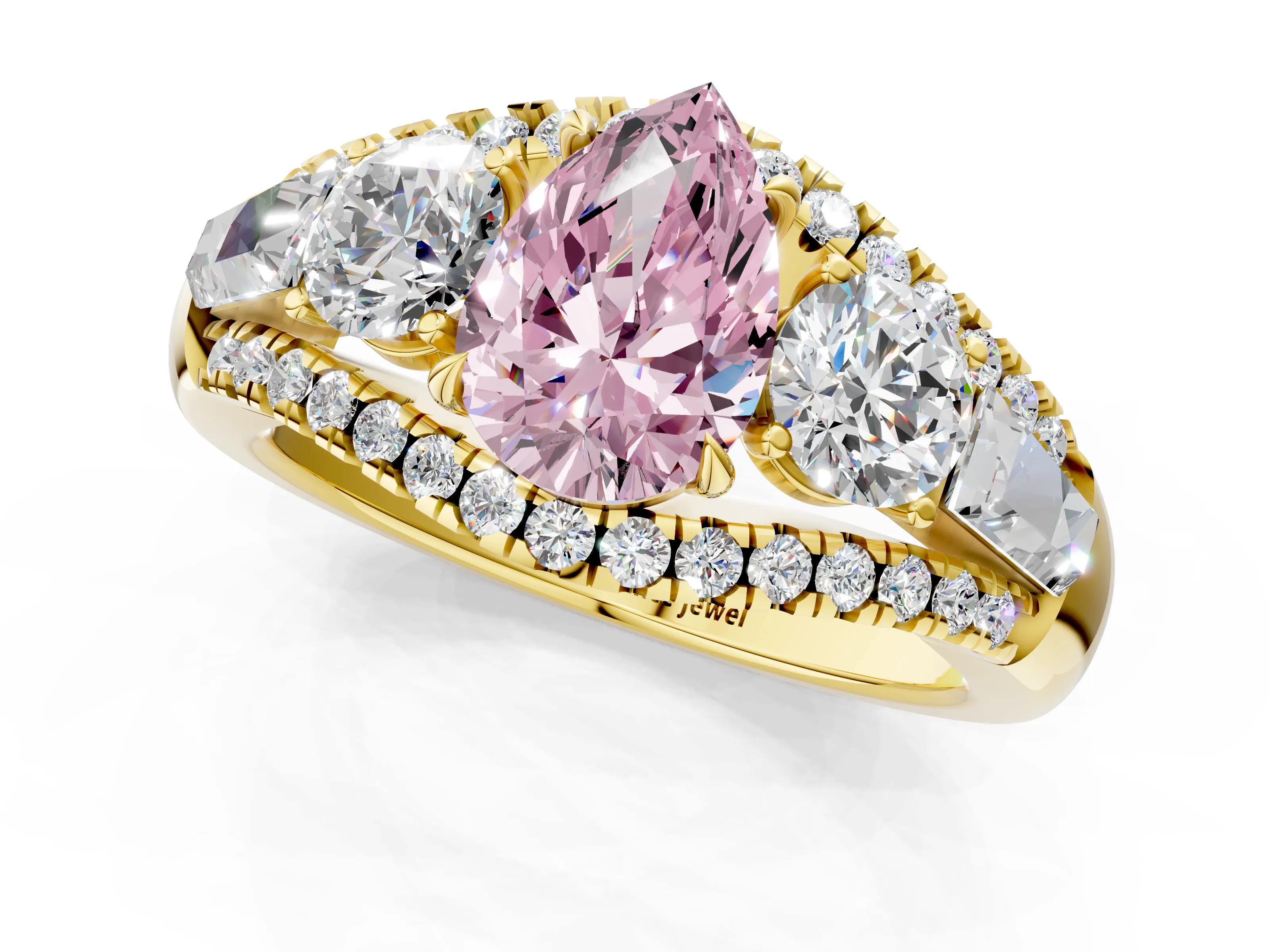 Yellow gold Three-Stone Fancy Pink Pear Cut Diamond Engagement Ring with Pave Band and Prong Setting_1