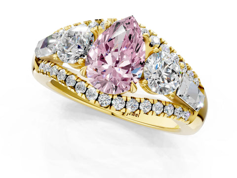 Yellow gold Three-Stone Fancy Pink Pear Cut Diamond Engagement Ring with Pave Band and Prong Setting_1