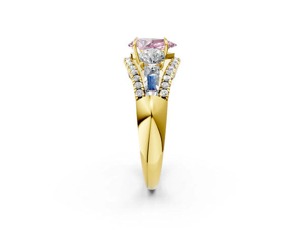 Yellow Gold Pear-Shaped Five Stone Baguette Engagement Ring Setting for Fancy Pink Center