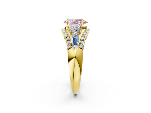 Yellow gold Three-Stone Fancy Pink Pear Cut Diamond Engagement Ring with Pave Band and Prong Setting_2