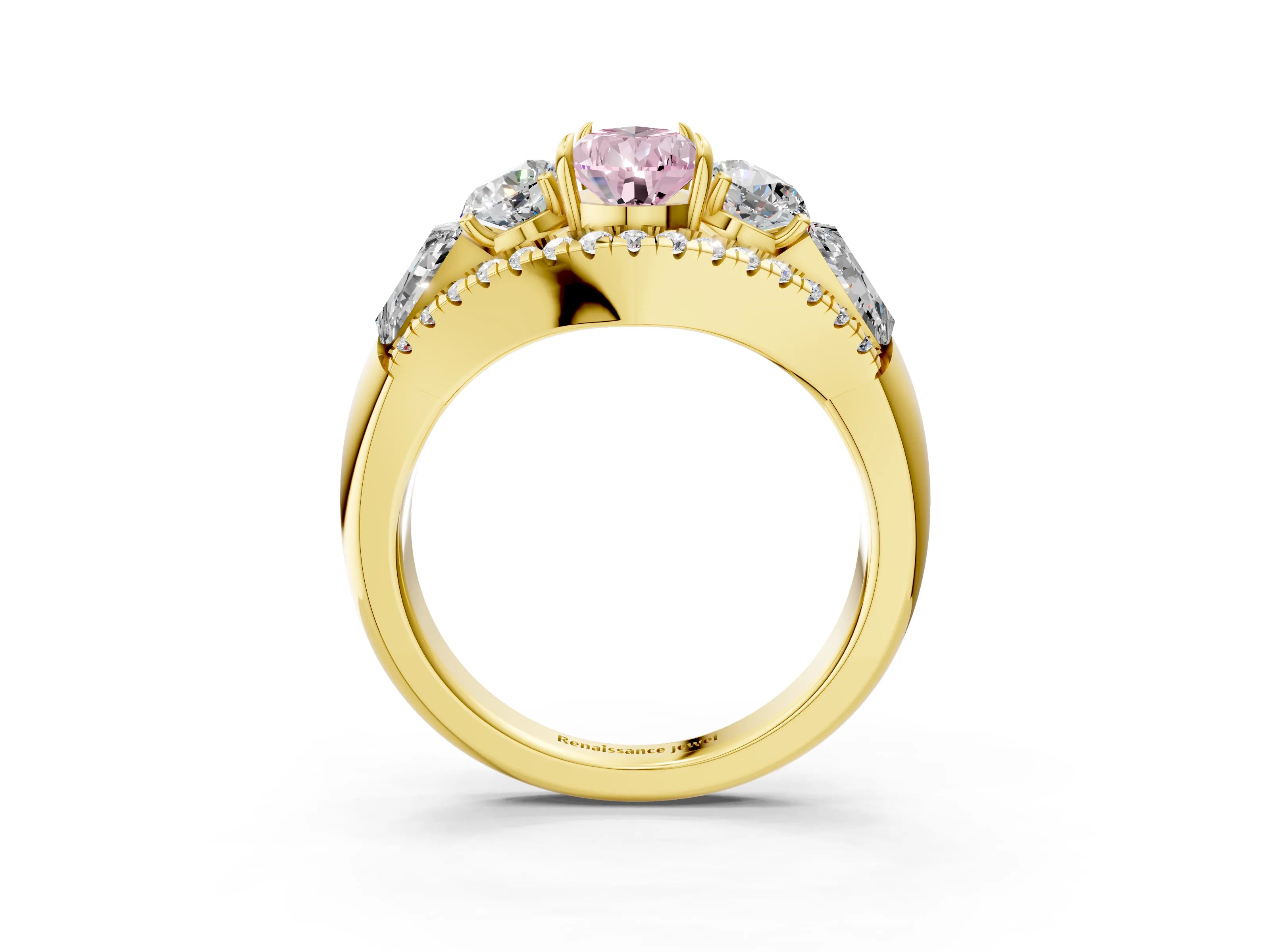Yellow gold Three-Stone Fancy Pink Pear Cut Diamond Engagement Ring with Pave Band and Prong Setting_3