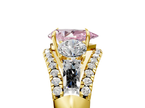 Yellow gold Three-Stone Fancy Pink Pear Cut Diamond Engagement Ring with Pave Band and Prong Setting_5