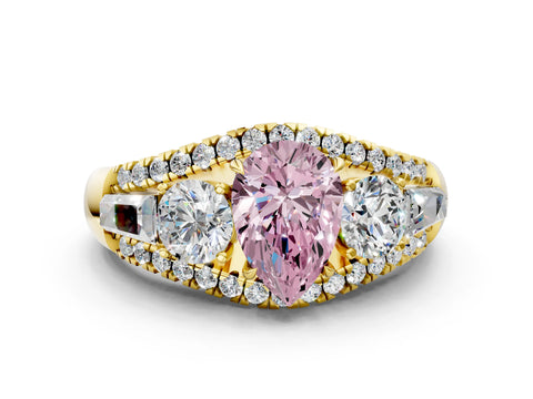 Yellow gold Three-Stone Fancy Pink Pear Cut Diamond Engagement Ring with Pave Band and Prong Setting