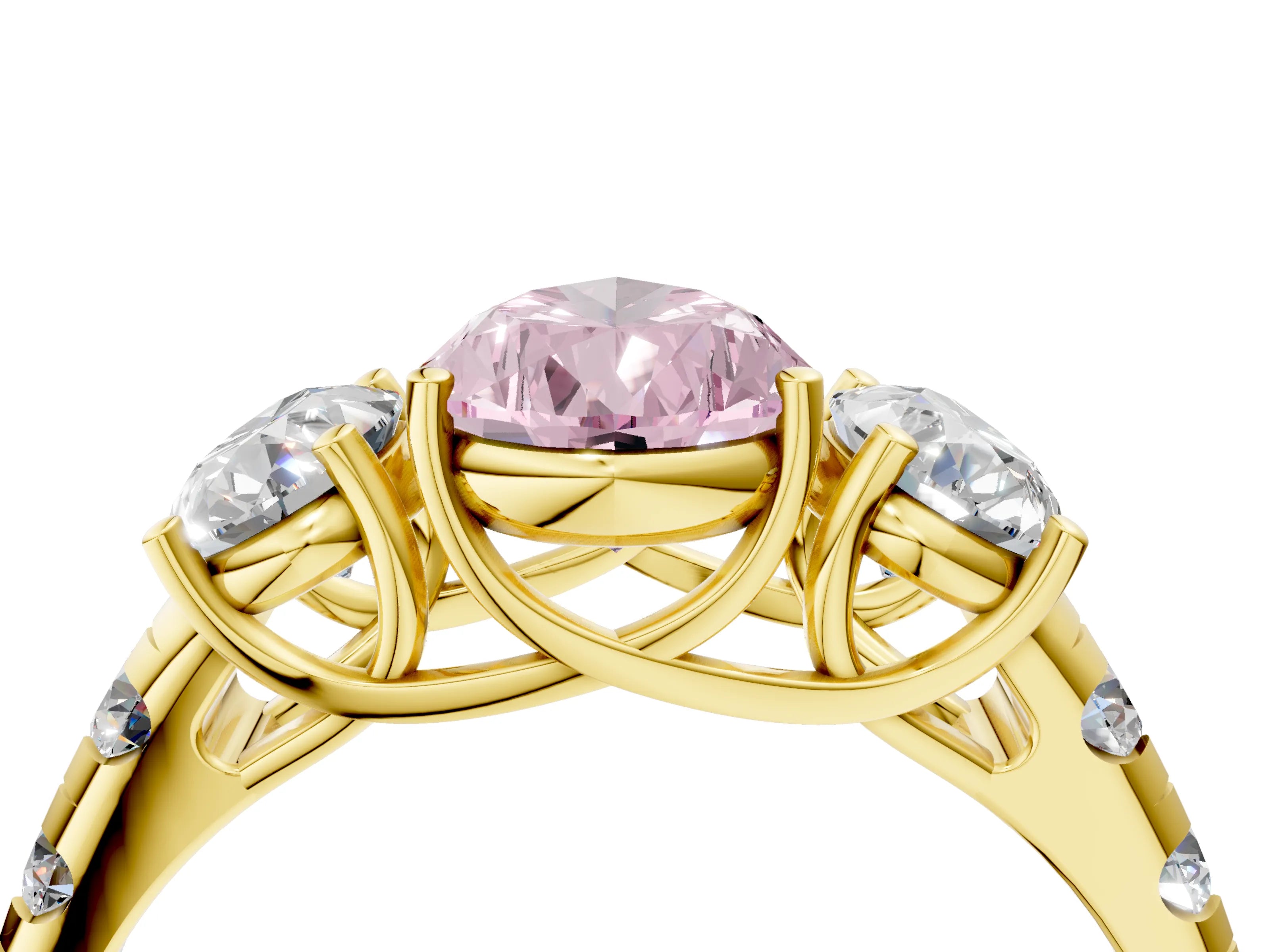 Yellow gold Three-Stone Fancy Pink Pear Cut Diamond Pavé Band with Prong Setting_4