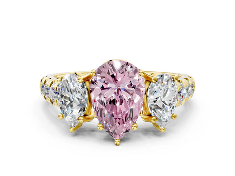 Yellow gold Three-Stone Fancy Pink Pear Cut Diamond Pavé Band with Prong Setting