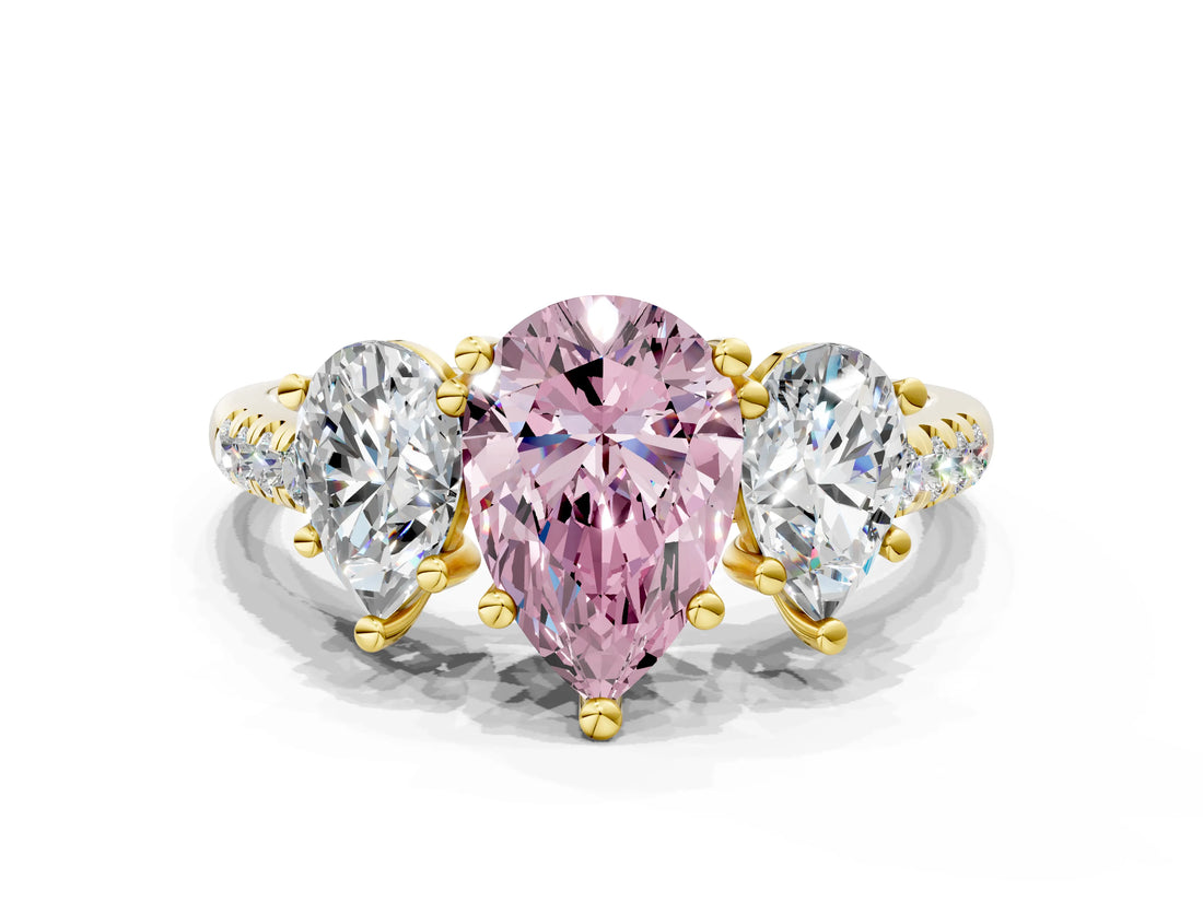 Yellow gold Three-Stone Fancy Pink Pear Cut Diamond Ring with Pavé Band and Prong Setting_90