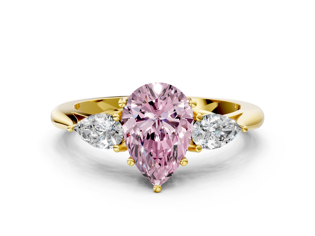 Yellow gold Three-Stone Fancy Pink Pear  Cut Diamond Ring with Pear Side Stones in Four-Prong Setting_108