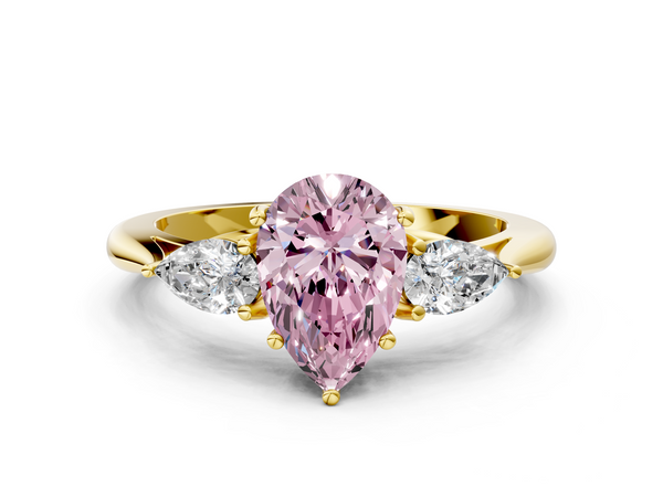 Yellow gold Three-Stone Fancy Pink Pear  Cut Diamond Ring with Pear Side Stones in Four-Prong Setting