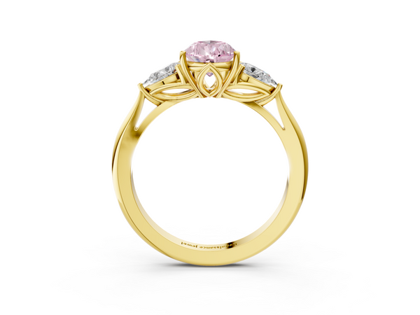 Yellow gold Three-Stone Fancy Pink Pear  Cut Diamond Ring with Pear Side Stones in Four-Prong Setting