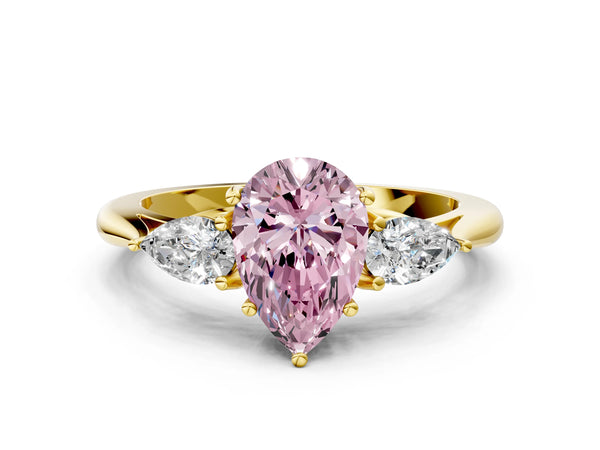 Yellow gold Three-Stone Fancy Pink Pear Cut Diamond Ring with Pear  Side Stones in Four-Prong Setting