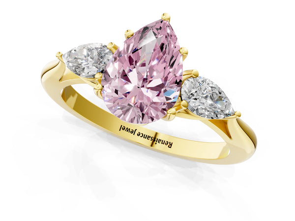 Yellow gold Three-Stone Fancy Pink Pear Cut Diamond Ring with Pear  Side Stones in Four-Prong Setting