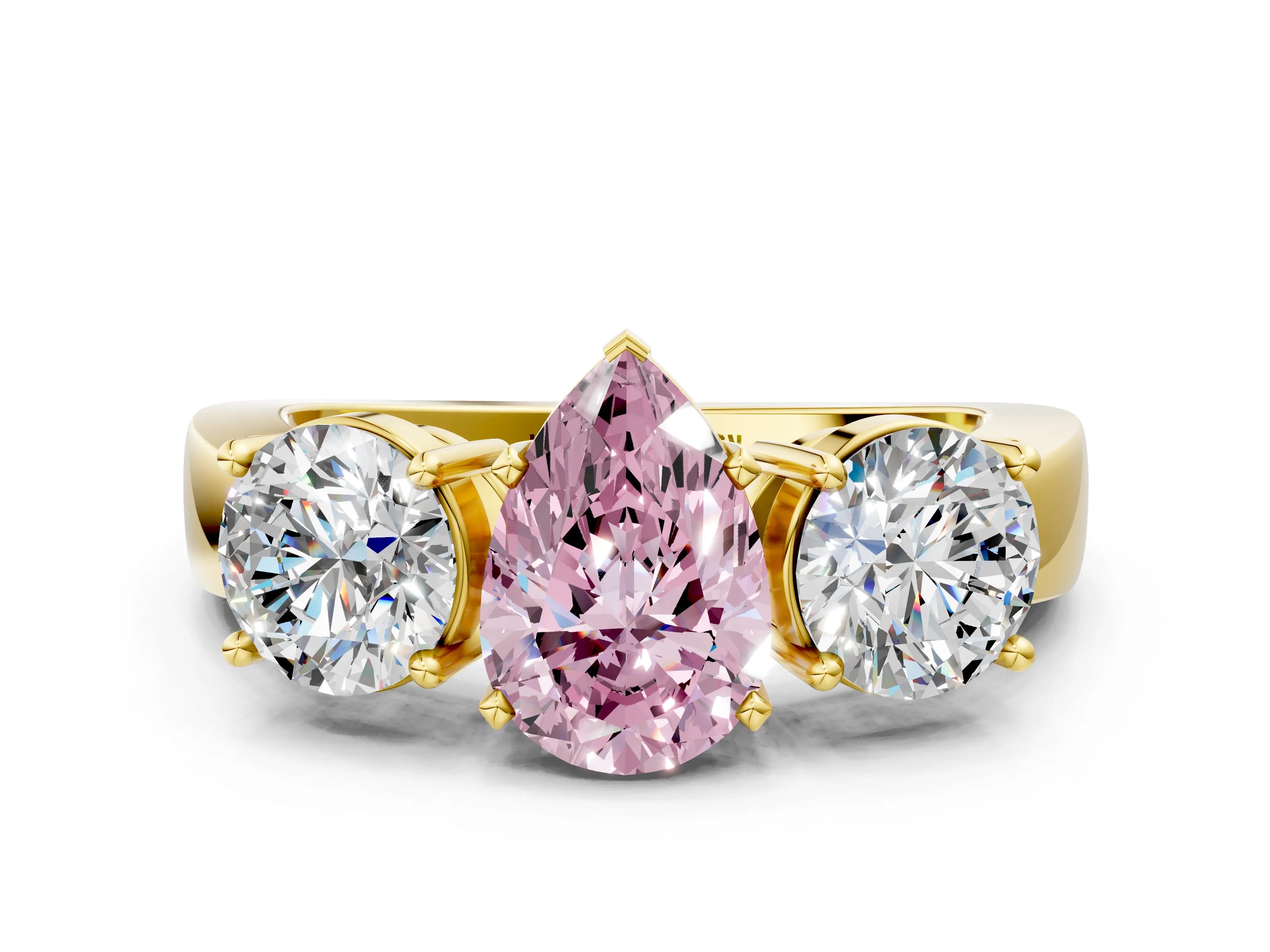 Yellow gold Three-Stone Fancy Pink Pear Cut Diamond Ring with Round Side Stones, Classic Band, and Four-Prong Setting
