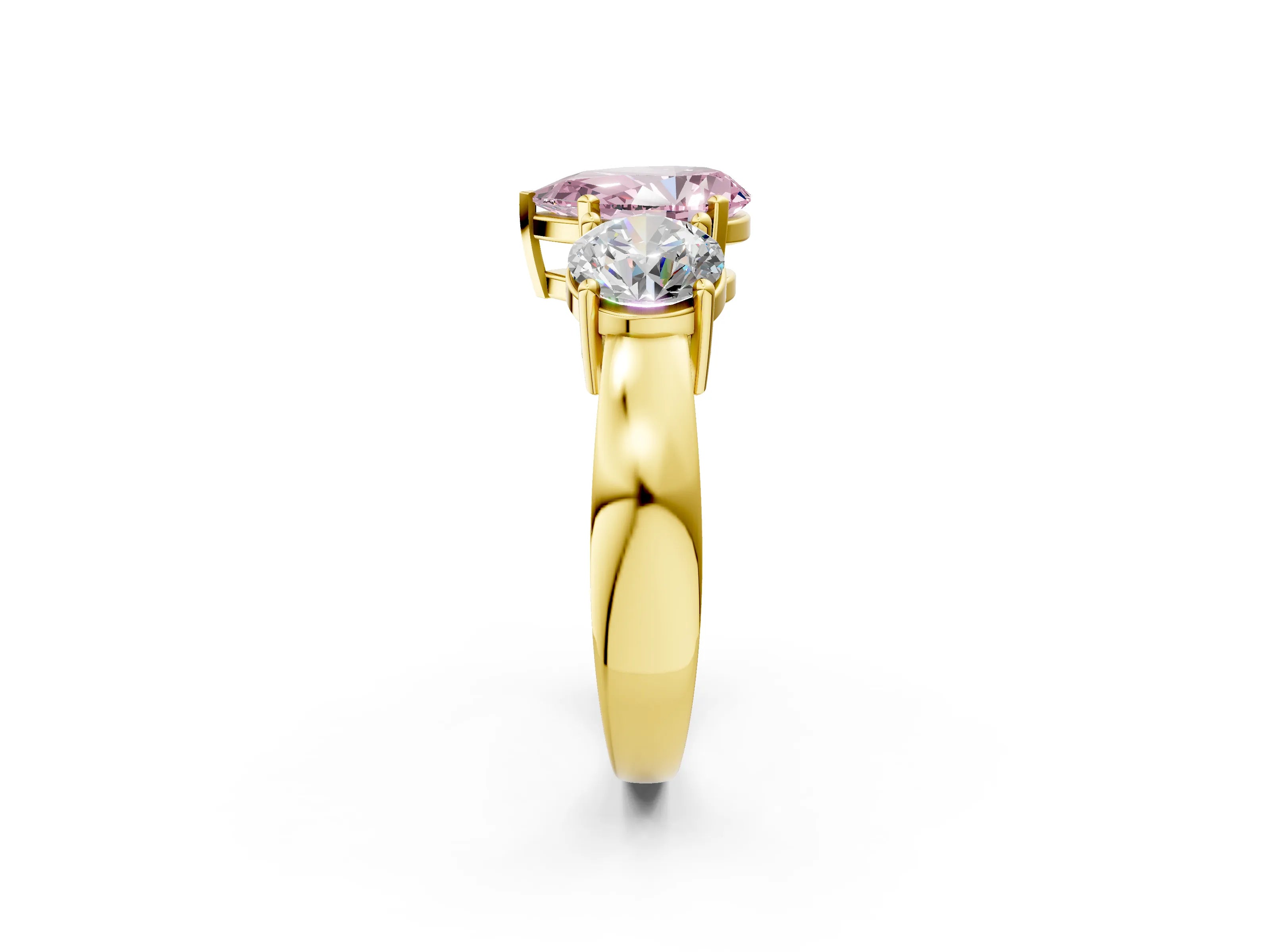 Yellow gold Three-Stone Fancy Pink Pear Cut Diamond Ring with Round Side Stones, Classic Band, and Four-Prong Setting_2