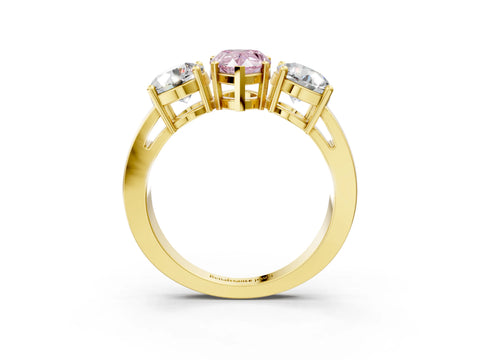 Yellow gold Three-Stone Fancy Pink Pear Cut Diamond Ring with Round Side Stones, Classic Band, and Four-Prong Setting_3