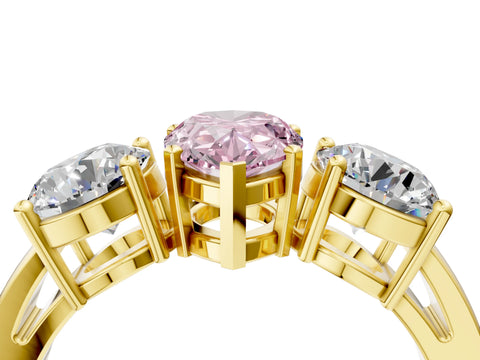 Yellow gold Three-Stone Fancy Pink Pear Cut Diamond Ring with Round Side Stones, Classic Band, and Four-Prong Setting_4
