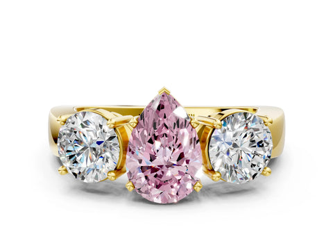 Yellow gold Three-Stone Fancy Pink Pear Cut Diamond Ring with Round Side Stones, Classic Band, and Four-Prong Setting
