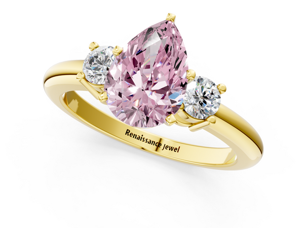 Yellow gold Three-Stone Fancy Pink Pear  Cut Diamond Solitaire with Prong Setting and Classic Band