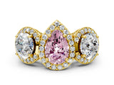 Yellow gold Three-Stone Fancy Pink Pear Cut Halo Diamond Milgrain Band with Four-Prong Setting