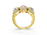 Yellow gold Three-Stone Fancy Pink Pear Cut Halo Diamond Milgrain Band with Four-Prong Setting_9
