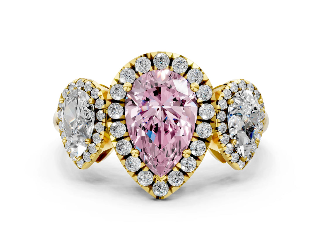 Yellow gold Three-Stone Fancy Pink Pear Cut Halo Diamond Ring with Pave Band and Four-Prong Setting