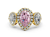 Yellow gold Three-Stone Fancy Pink Pear Cut Halo Diamond Ring with Pave Band and Four-Prong Setting