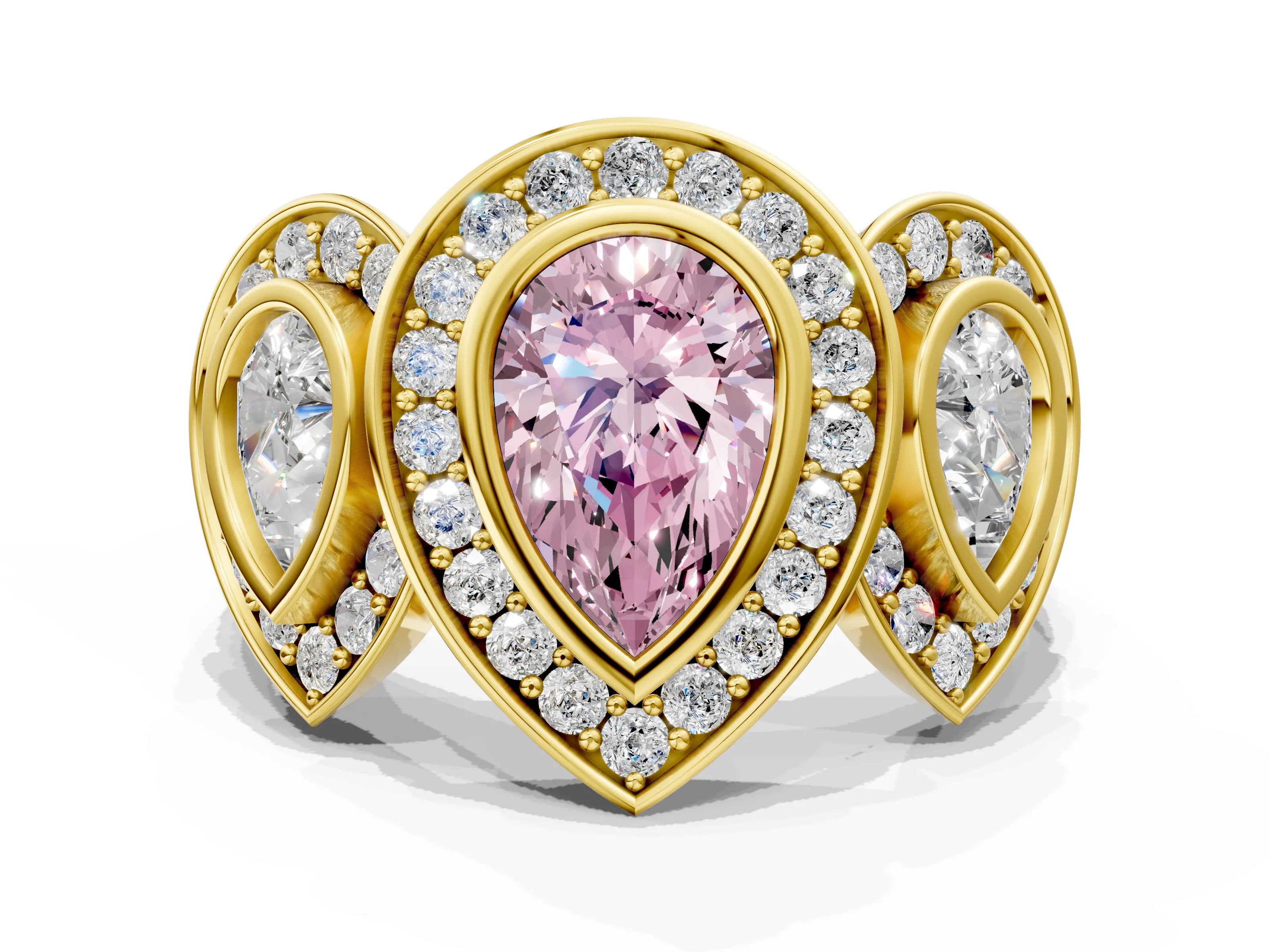 Yellow gold Three-Stone Fancy Pink Pear Cut Halo Pavé Diamond Ring