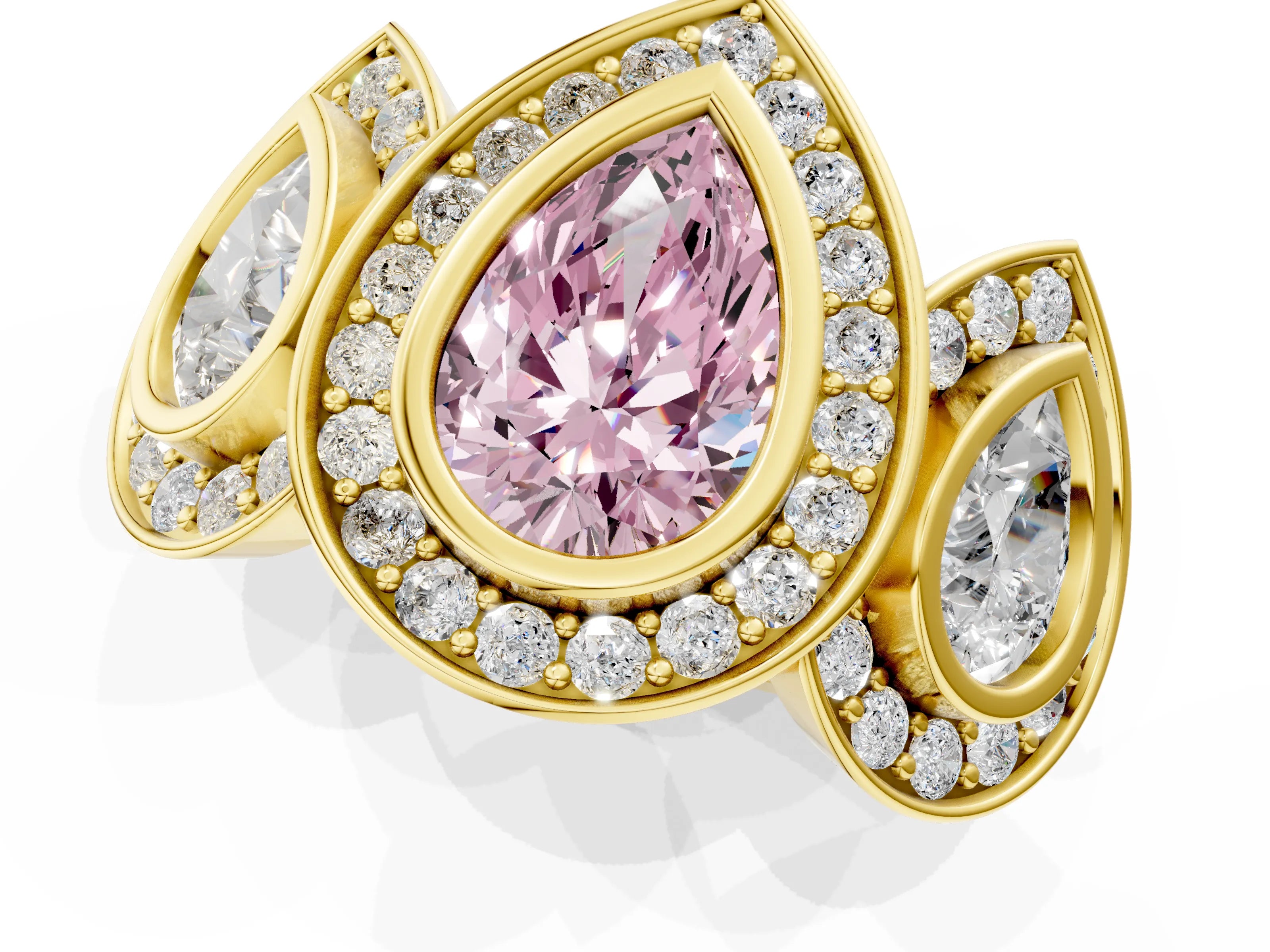 Yellow gold Three-Stone Fancy Pink Pear Cut Halo Pavé Diamond Ring_1